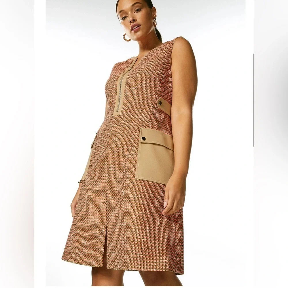 NWT Karen Millen Tweed And Contrast Pocket A Line Mini Dress Tan and Orange 10 - Picture 1 of 13